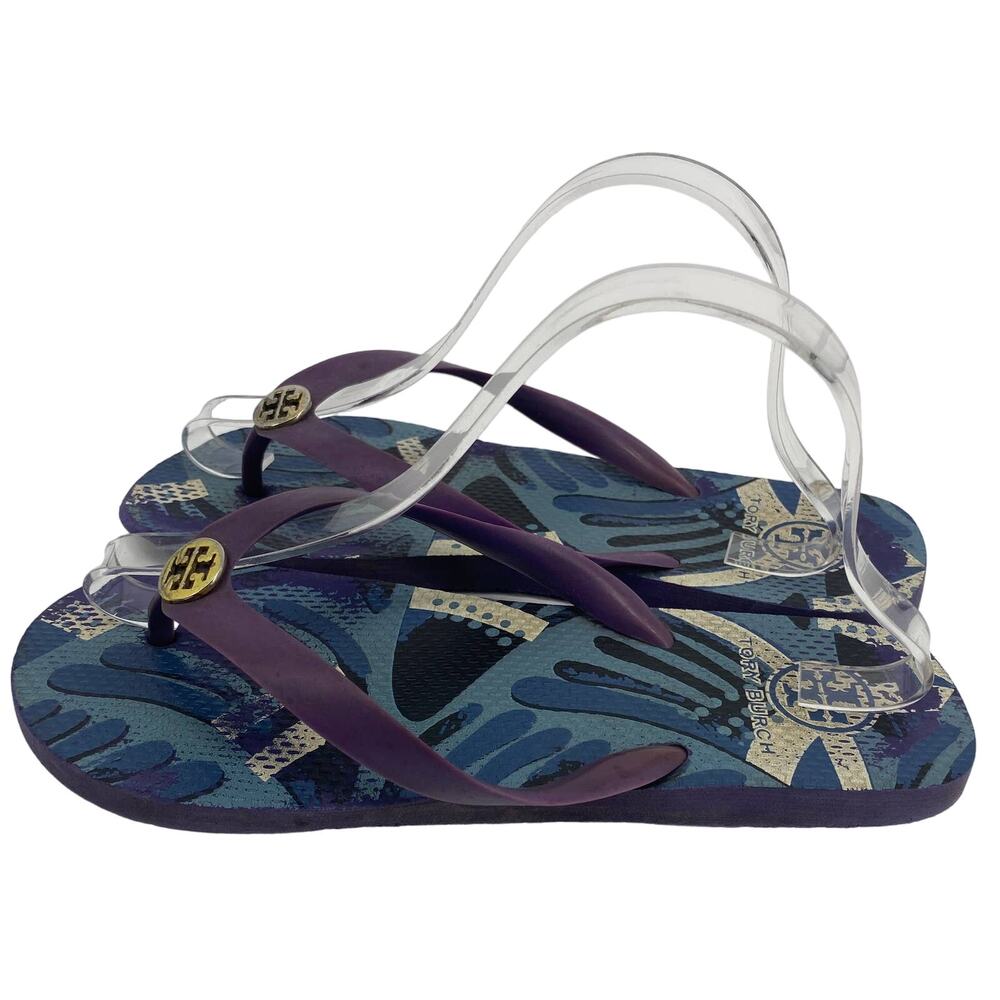 Tory Burch women 9 Blue White Rubber Slip On Thong Flat Flip Flop Shoes - Picture 3 of 4